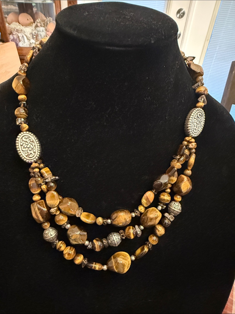 Source Unknown Brown Tiger Eye Multi-Strand Necklace with Silver Accents
